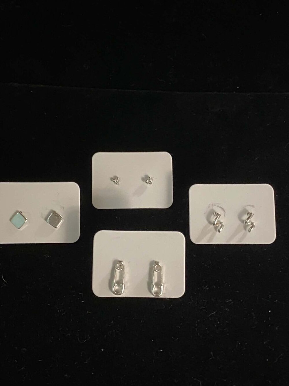 .925 Sterling Silver Diamond Square Safety Pin Curly Ball Dainty Earrings Unisex